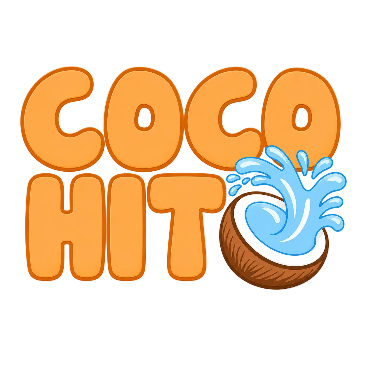 Official Coco Hit logo featuring bold orange lettering and a cracked coconut with a splash of coconut water, displayed on a transparent background.