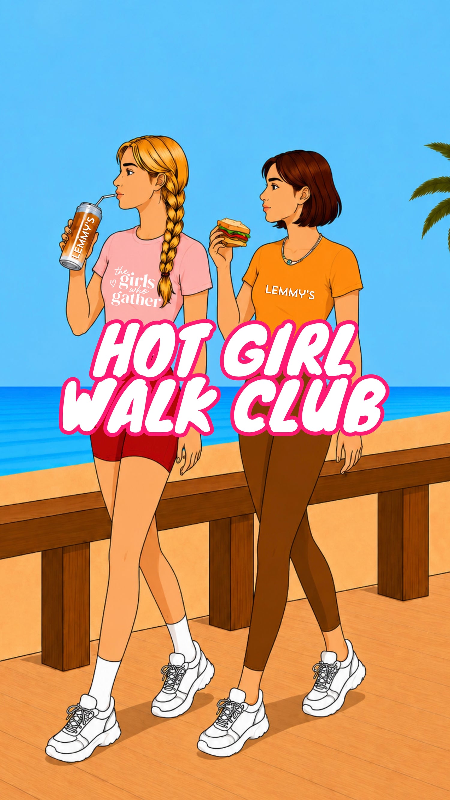 Illustrated Hot Girl Walk Club artwork featuring The Girls Who Gather and LEMMY'S, showing two women walking along the Terrigal foreshore with coffee and food, celebrating friendship, movement and community on the Central Coast.