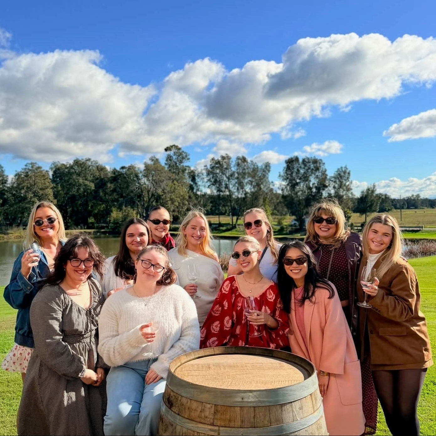 Group of women enjoying a Hunter Valley winery tour with The Girls Who Gather. Women's social day trip featuring wine tasting, friendship and meaningful connections in the Hunter Valley, NSW.