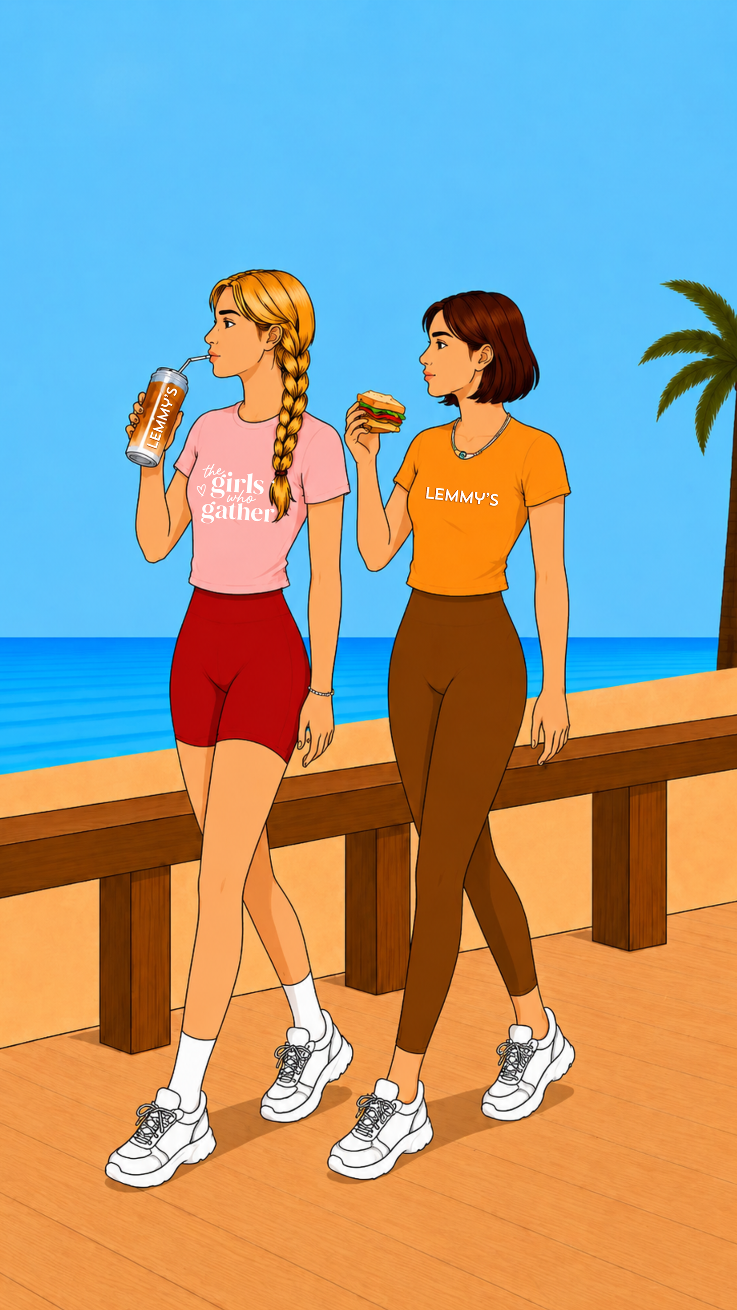 Illustrated artwork of two women representing The Girls Who Gather and LEMMY'S walking along the Terrigal foreshore on the Central Coast, celebrating friendship, community, coffee and connection.